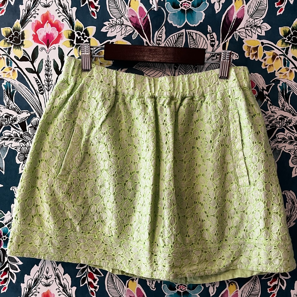 J Crew women’s (s) neon green Stitch on a light lime green cut out pattern skirt